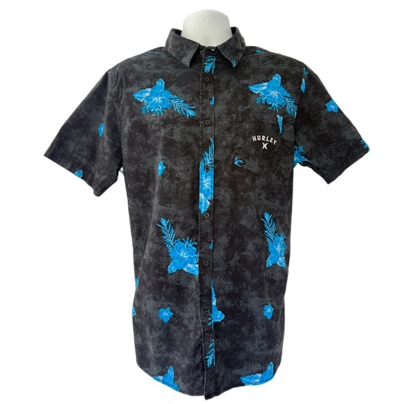 Men’s Hurley Short Sleeve Hawaiian Tropical Black with Blue floral Shirt - Large - Picture 1 of 12